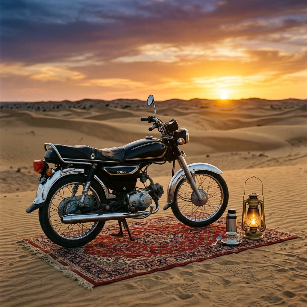 Motorcycle parked on a rug in the desert at sunset