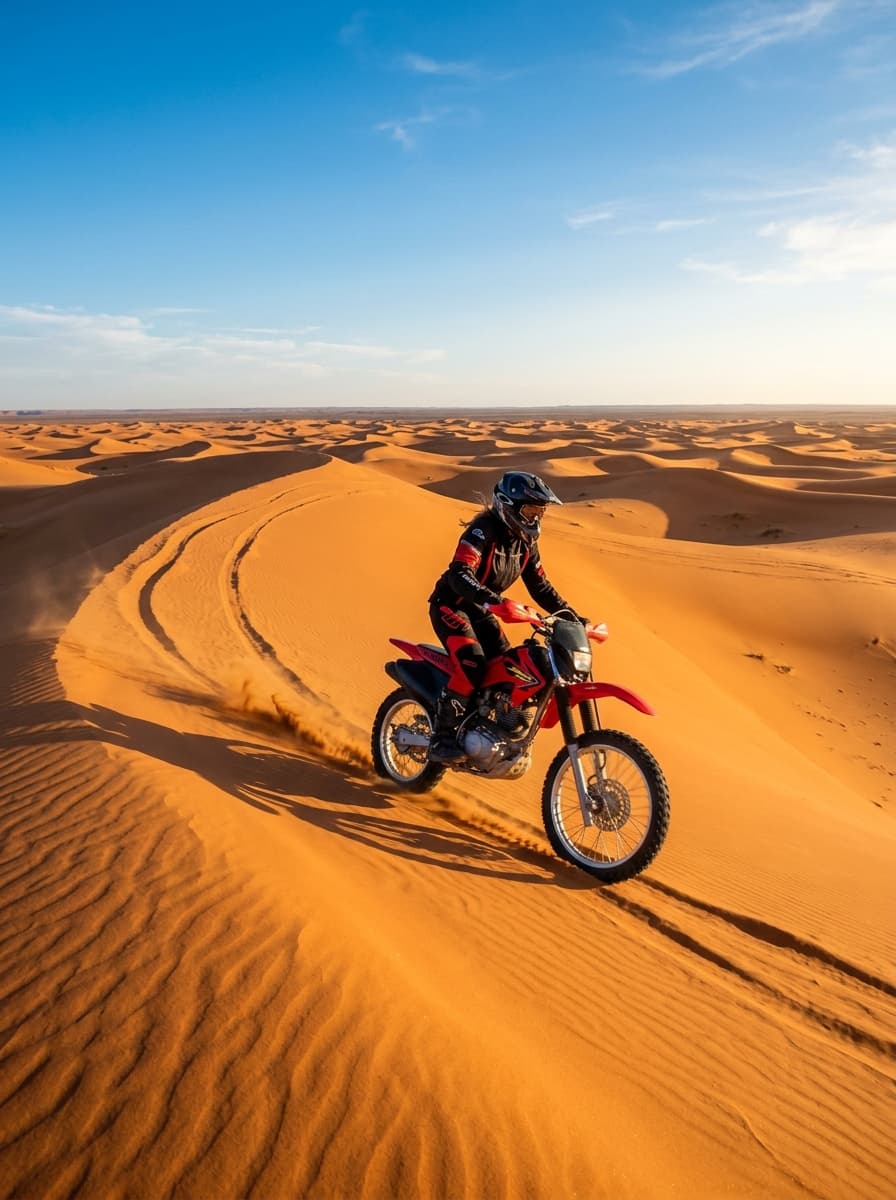 Rider crossing sand dunes on a red motorcycle